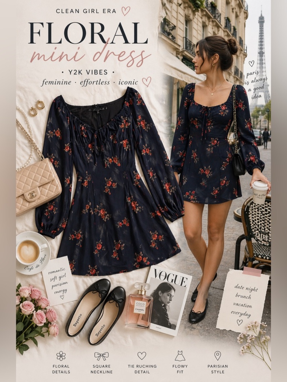 Emory Park Navy Floral Square Neck Mini Dress | Long Sleeve Ruched Tie Front NWT